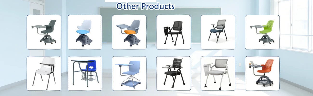 Various school and conference chairs with wheels, writing tablets, and stackable designs Various school and conference chairs with wheels, writing tablets, and stackable designs